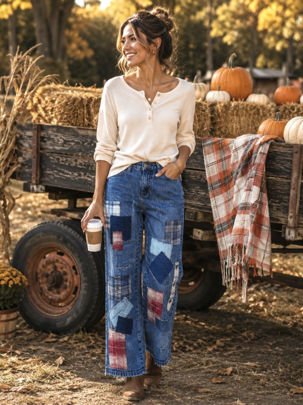 Upcycled Flannel Patchwork Jeans, Distressed Denim & Plaid Patches Size 10P